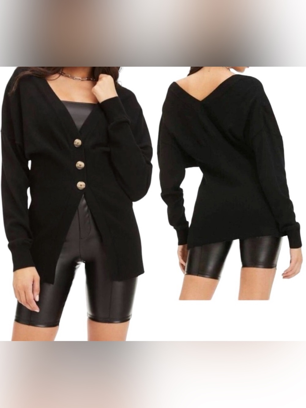 NWT Good American Ribbed V-Neck Long Cardigan in Black - Sz 00/0